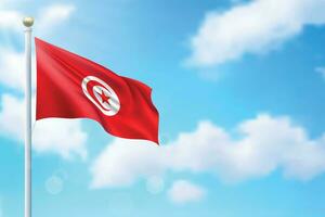 acenando bandeira do Tunísia em céu fundo. modelo para independência vetor