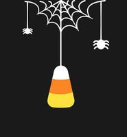 doce milho suspensão em uma aranha rede, feliz dia das Bruxas truque ou tratar assustador enfeites decoração vetor ilustração