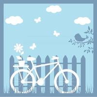 bicicleta no fundo de uma cerca, corte de papel, ilustração de verão em camadas para elaboração vetor
