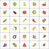 frutas vetor ícones definir. frutas estão maçã, limão, banana, laranja, pera, abacaxi, uvas, cerejas, morangos, vidro, e amoras emojis coleções