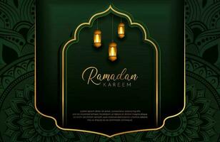 Ramadan kareem fundo com ouro e verde ilustração vetorial de estilo de luxo para as celebrações do mês sagrado islâmico decorado com lanterna e arabescos de mandala vetor