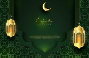 Fundo eid mubarak em ilustração vetorial de estilo de luxo de design islâmico verde escuro com lanterna dourada e lua crescente para as celebrações do mês sagrado islâmico vetor