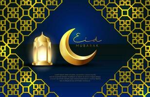 Fundo eid mubarak em ilustração vetorial de estilo de luxo de design islâmico verde escuro com lanterna dourada e lua crescente para as celebrações do mês sagrado islâmico vetor