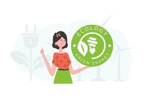 a conceito do ecologia e verde energia. mulher segurando eco logotipo dentro dela mãos. vetor tendência ilustração.
