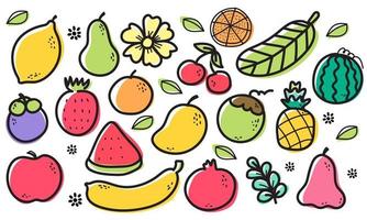 frutas padrão sem emenda, laranja, banana, romã, mangostão, morango, abacaxi, melancia, limão, abacate, coco, maçã rosa, cereja, maçã, flor e folha em fundo branco. vetor