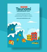 mundo tsunami consciência dia vertical poster plano desenho animado mão desenhado modelos fundo ilustração vetor