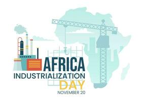 africano industrialização dia vetor ilustração do fábrica construção operativo com chaminés dentro a Centro do a cidade dentro plano desenho animado fundo