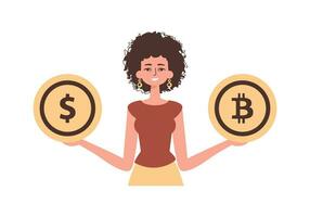 uma mulher detém uma moeda do bitcoin e dólar dentro dela mãos. personagem dentro na moda estilo. vetor