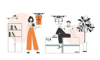 uma homem e uma mulher equipe envia uma parcela de drone. ar Entrega conceito. minimalista linear estilo. vetor
