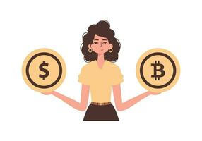 uma mulher detém uma bitcoin e uma dólar dentro dela mãos. personagem dentro moderno na moda estilo. vetor