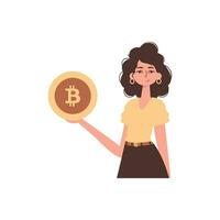 mulher segurando uma bitcoin moeda dentro dela mãos. vetor