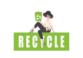 a menina senta e detém uma Lixo pode dentro dela mão. a conceito do reciclando e zero desperdício. isolado. vetor ilustração.