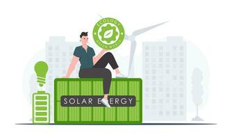 a conceito do verde energia e ecologia. a cara senta em a solar painel e detém a eco logotipo dentro dele mãos. na moda estilo. vetor ilustração.