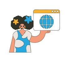 uma brilhante e à moda ilustração do uma mulher segurando uma navegador janela dentro dela mãos. moderno personagem estilo. vetor
