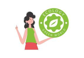 a menina detém a eco logotipo dentro dela mãos. a personagem é retratado para a cintura. a conceito do ecologia e verde energia. isolado em branco fundo. na moda estilo. vetor ilustração.