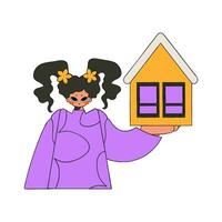 real Estado corretor de imóveis menina segurando uma casa dentro dela mãos. casa propriedade. vetor