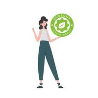 a menina detém a eco logotipo dentro dela mãos. a personagem é retratado dentro cheio crescimento. a conceito do ecologia e verde energia. isolado em branco fundo. na moda estilo. vetor ilustração.