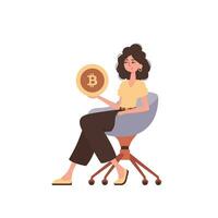 uma mulher senta dentro uma cadeira e detém uma bitcoin moeda dentro dela mãos. personagem dentro uma moderno na moda estilo. vetor