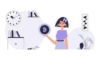 criptomoeda conceito. uma mulher detém uma bitcoin moeda dentro dela mãos. personagem dentro na moda estilo. vetor