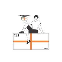 uma homem envia uma pacote com uma drone. zangão Entrega conceito. linear na moda estilo. isolado em branco fundo. vetor ilustração.