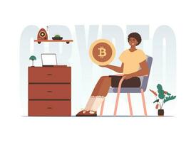 a conceito do mineração e Extração do bitcoin. a cara senta dentro uma cadeira e detém uma bitcoin dentro a Formato do uma moeda dentro dele mãos. personagem dentro na moda estilo. vetor