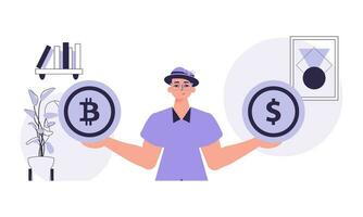 criptomoeda conceito. uma homem detém uma bitcoin e uma dólar dentro dele mãos. personagem com uma moderno estilo. vetor