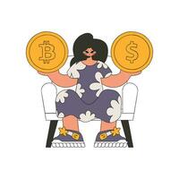 uma mulher detém uma dólar e uma bitcoin dentro dela mãos. aluguel estilo personagem. vetor