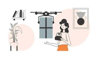 a menina envia uma parcela com uma drone. ar Entrega conceito. linear moderno estilo. vetor