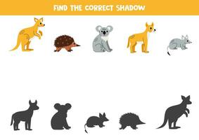 encontrar sombras do fofa australiano animais. educacional lógico jogos para crianças. imprimível planilha para pré-escolares. vetor