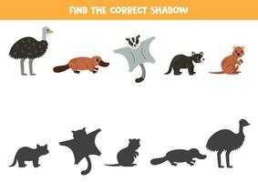 encontrar sombras do fofa australiano animais. educacional lógico jogos para crianças. imprimível planilha para pré-escolares. vetor