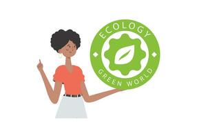 a menina detém a eco logotipo dentro dela mãos. a personagem é retratado para a cintura. a conceito do ecologia e verde energia. isolado. elegante, na moda estilo. vetor. vetor