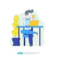 empresário trabalhando em um computador laptop no escritório da mesa do local de trabalho. conceito de ilustração de negócios para trabalho remoto ou freelance com o caráter do homem. ilustração vetorial em estilo simples. vetor