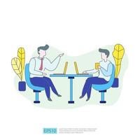 ideia de empresário e reunião de trabalho em equipe. ilustração de negócios do conceito de brainstorm ou grupo de discussão com o personagem do homem e o laptop no escritório da mesa do local de trabalho. ilustração vetorial em estilo simples. vetor