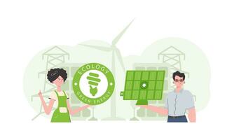 mulher e homem e solar painel. verde energia conceito. vetor ilustração.