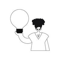 homem detém luz lâmpada dentro mãos conceito do Ideias dentro linear vetor ilustração.