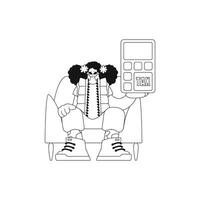 menina detém calculadora. linear vetor ilustração.