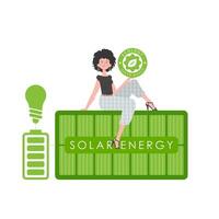 a menina senta em a solar painel e detém a eco logotipo dentro dela mãos. a conceito do ecologia e verde energia. isolado em branco fundo. na moda estilo. vetor ilustração.