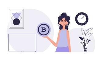 bitcoin mineração conceito. uma mulher detém uma bitcoin dentro dela mãos. personagem dentro na moda estilo. vetor