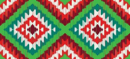 motivo Natal étnico feito à mão lindo ikat arte. Natal fundo. folk bordado Natal padrão, geométrico arte enfeite imprimir. vermelho, verde, branco cores. floco de neve, estrela, poinsétia Projeto. vetor