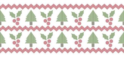 motivo Natal árvore étnico feito à mão ikat arte. Natal fundo. folk bordado Natal padrão, geométrico arte enfeite imprimir. vermelho, verde, branco cores. floco de neve, estrela, poinsétia Projeto. vetor