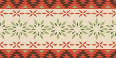 motivo Natal étnico feito à mão lindo ikat arte. Natal fundo. folk bordado Natal padrão, geométrico arte enfeite imprimir. vermelho, verde, branco cores. floco de neve, estrela, poinsétia Projeto. vetor