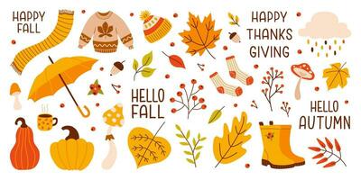 colorida outono conjunto do sazonal elementos, folhas, abóboras, bagas, cogumelos e nozes isolado em uma branco fundo. vetor desenho animado ilustração