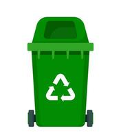 grande lata de lixo verde com símbolo de reciclagem nele. lixeira em estilo cartoon. lata de lixo reciclável. ilustração vetorial. vetor