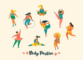 Corpo positivo. Felizes plus size meninas e estilo de vida ativo. vetor