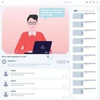 vídeo tutorial design vetorial, reprodução de vídeo online, comunicador em curso online, interface de site de vídeo com influenciador masculino usando seu laptop vetor