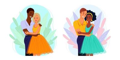 casal multirracial apaixonado, família de diferentes nacionalidades, ilustração vetorial em estilo simples. desenho animado vetor