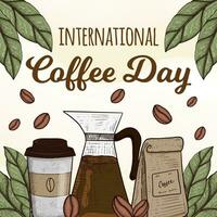 mão desenhado internacional café dia ilustração com xícara, bule de chá, e uma pacote do café vetor