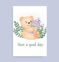 cartão de chá de bebê com urso fofo em um jardim vetor