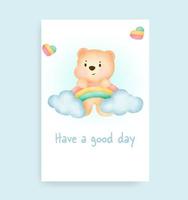 cartão de chá de bebê com urso fofo e arco-íris vetor