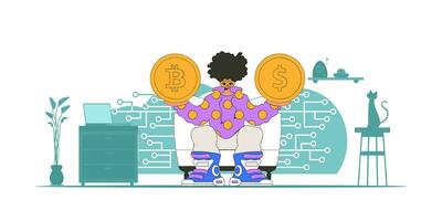 uma homem é segurando uma moeda do bitcoin e dólar. criptomoeda tema. vetor
